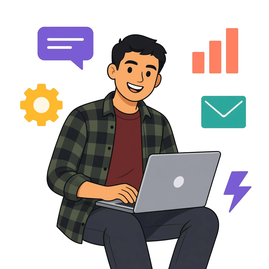 Cartoon illustration of Sarthak coding on a laptop