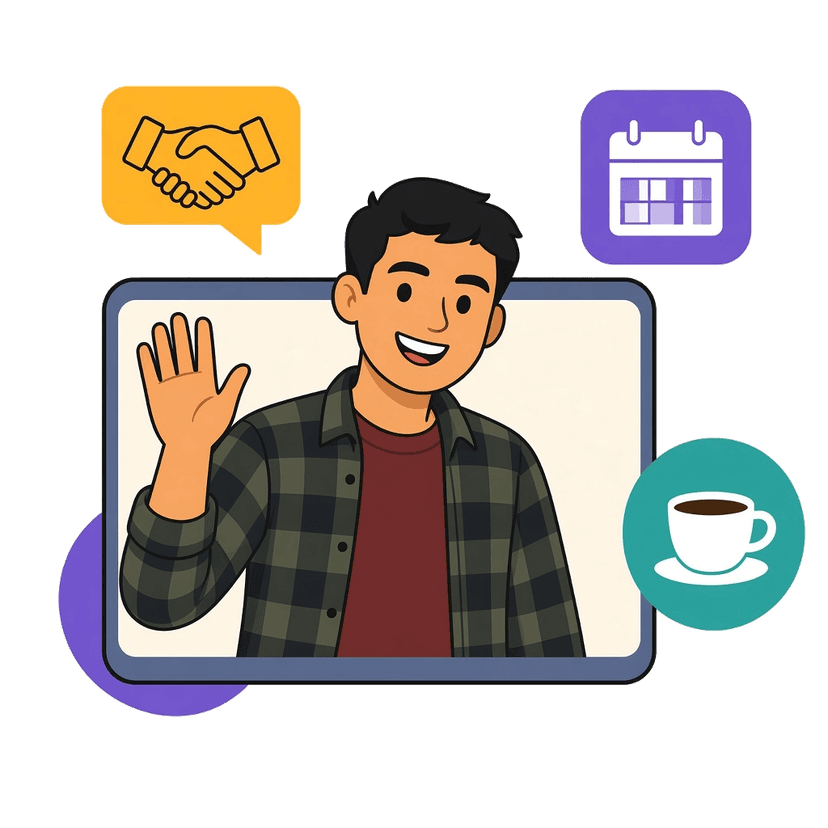 Cartoon of Sarthak waving from a video call window